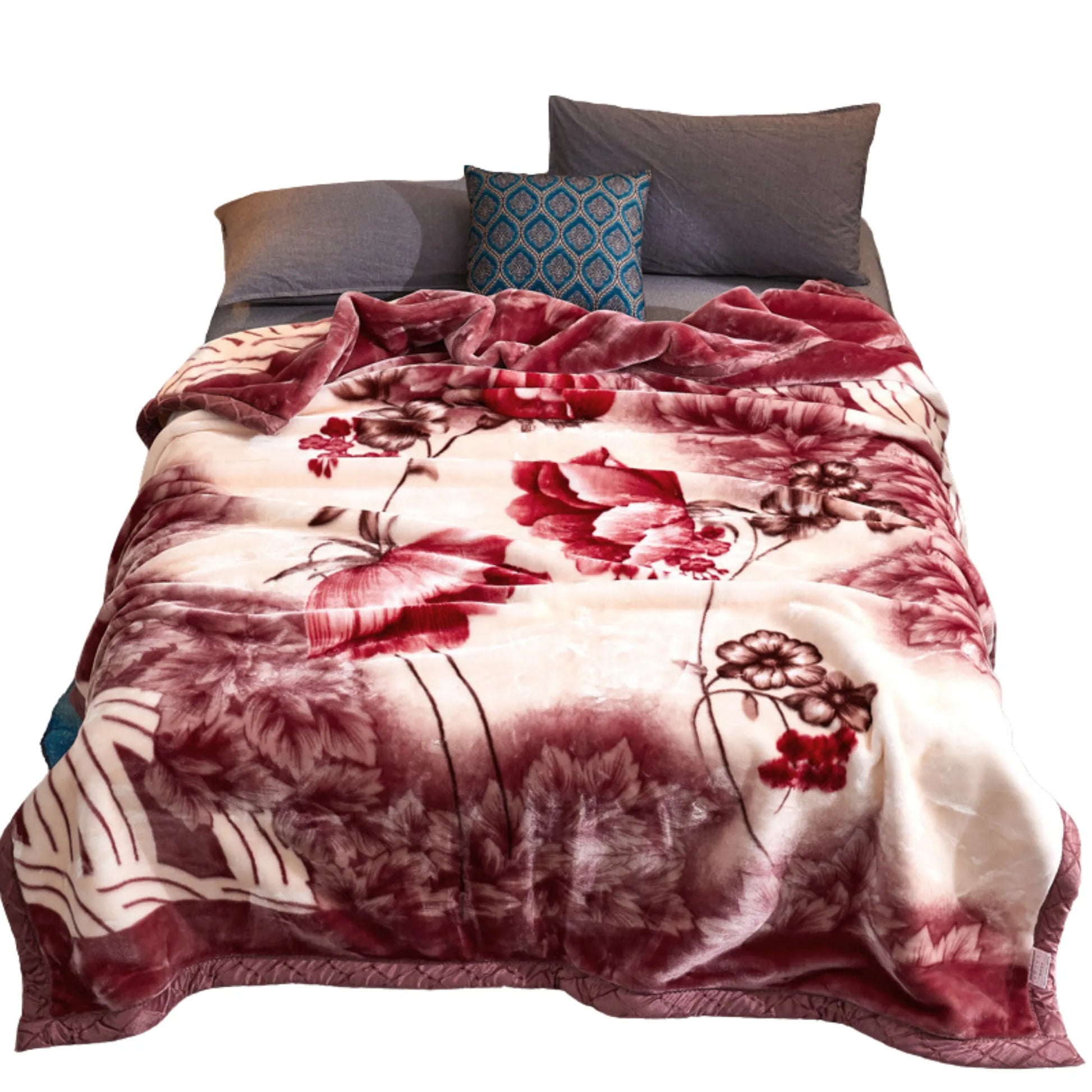 SilkenWarmth Raschel blanket, large floral motif, upright drape view